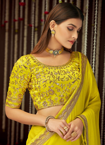 Zari Embroidery Work Chinon Silk Lemon Yellow Border Saree Design